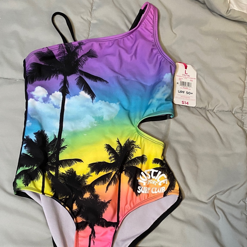 Justice Kids' One-Shoulder Rainbow Palm Print Swimsuit - Multicolor